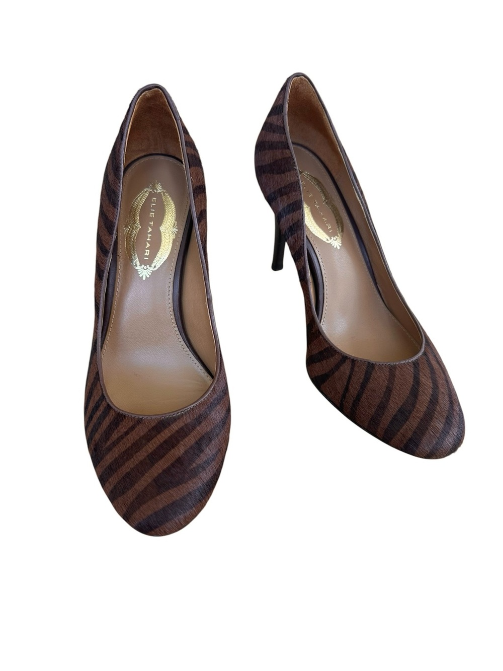 Elie Tahari Brown and Black Animal Print Calf Hair Heels